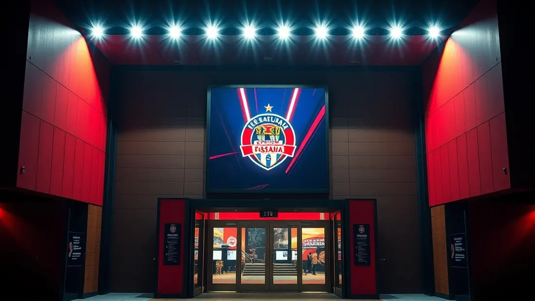 La entrada del estadio del Osasuna con una gran bandera del club