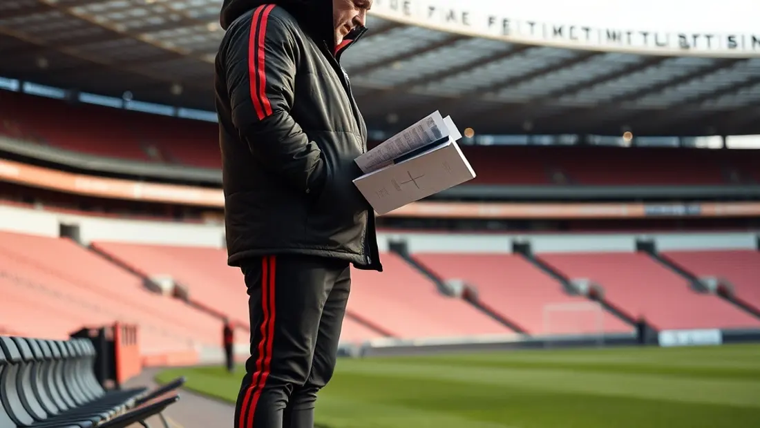 Un entrenador en un campo de fútbol, mirando un mapa táctico