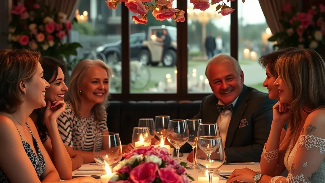 Grupo de personas celebrando un cumpleaños en un restaurante romántico.