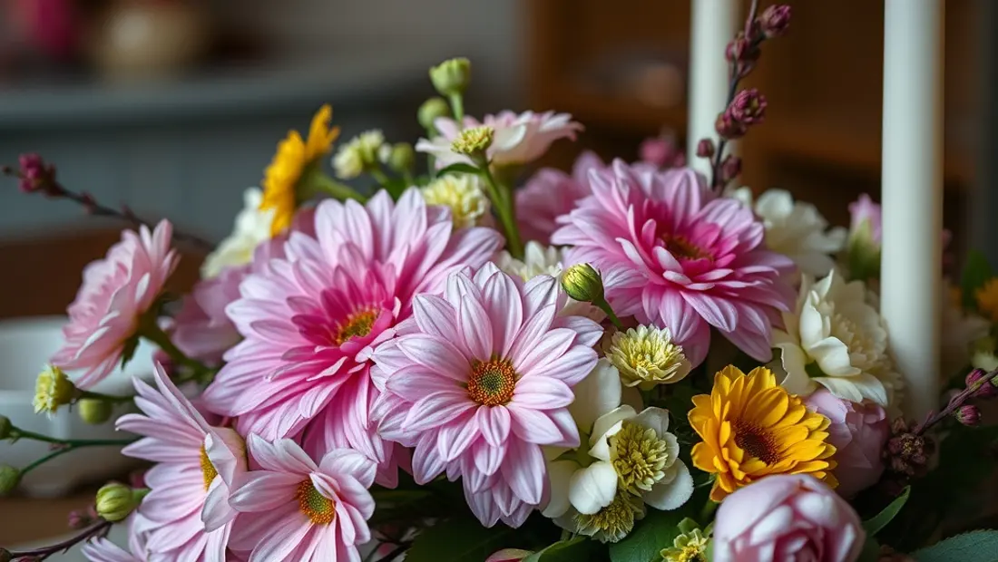 Bouquet de flores coloridas y velas encendidas en una mesa de decoración.