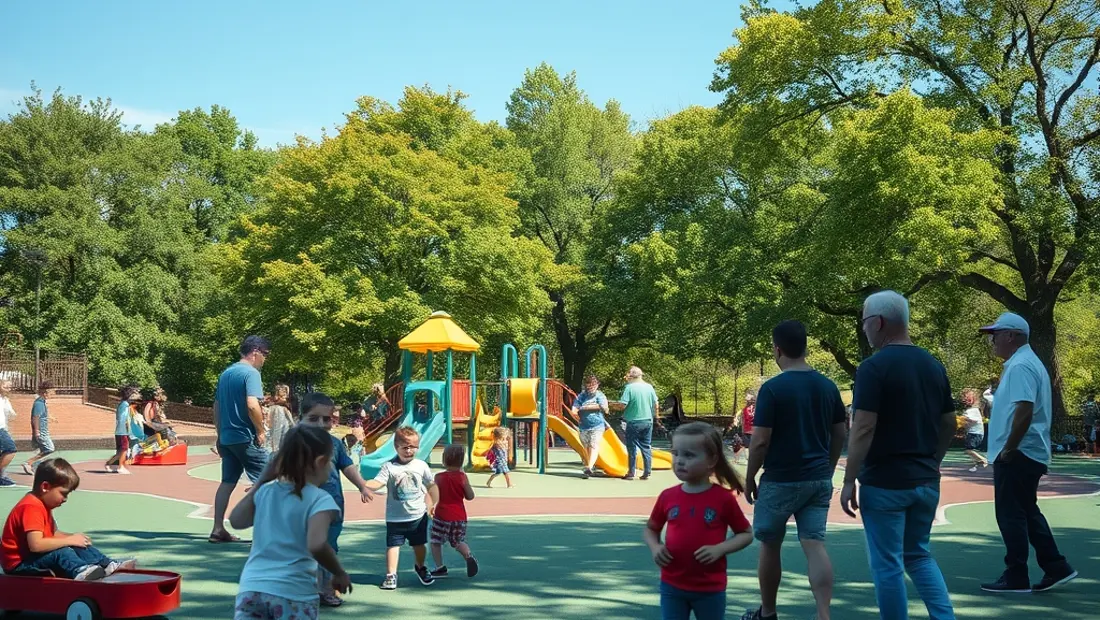Parque de juegos con niños jugando y adultos observando, bajo un cielo azul y con árboles verdes.
