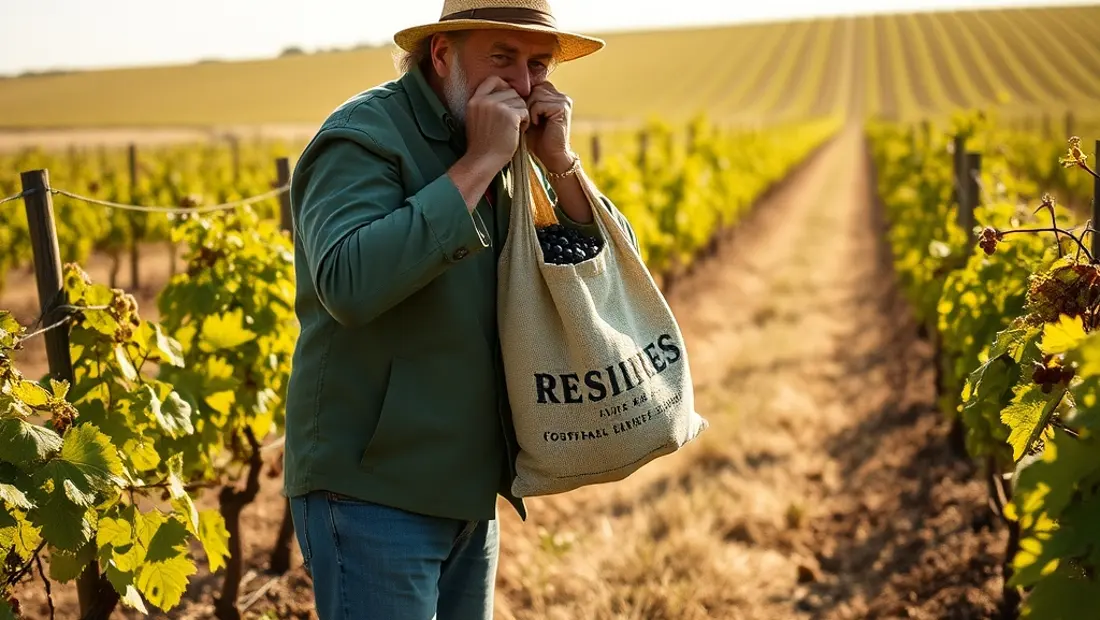 Vinedor con sac de uvas en un campo de viña.