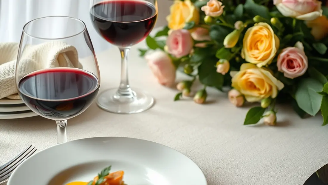 Un plato de cocina elegante, un vaso de vino y un ramo de flores.