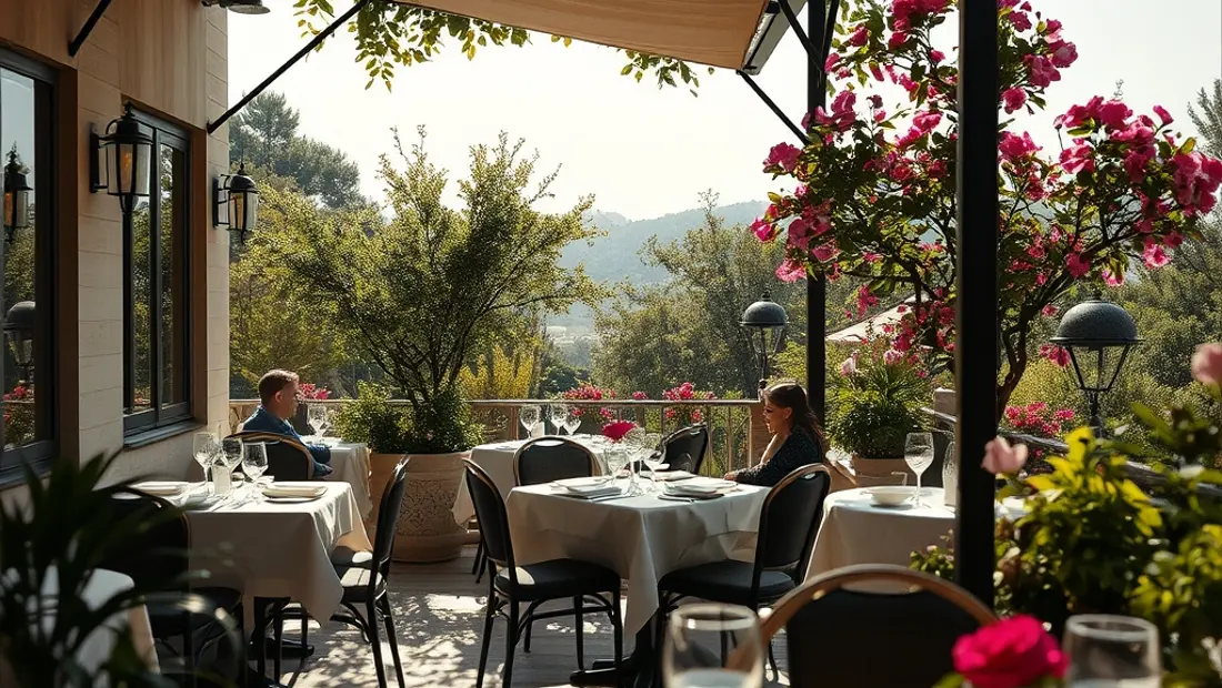 Un restaurante romántico con una terraza soleada, árboles y flores.