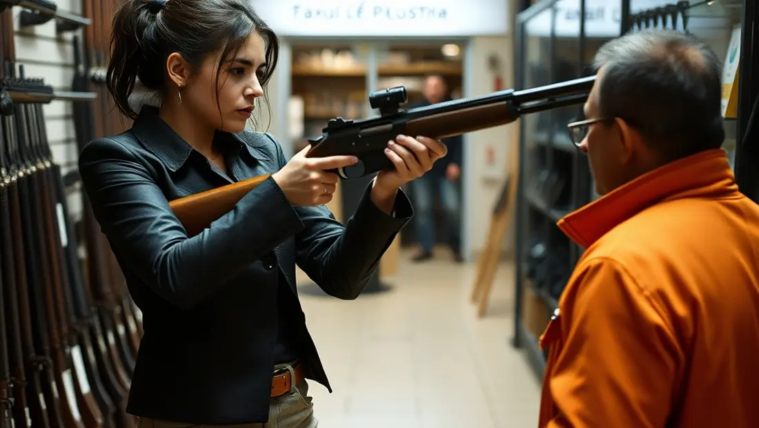 Una mujer en una tienda de armas con un rifle y hablando con un vendedor.