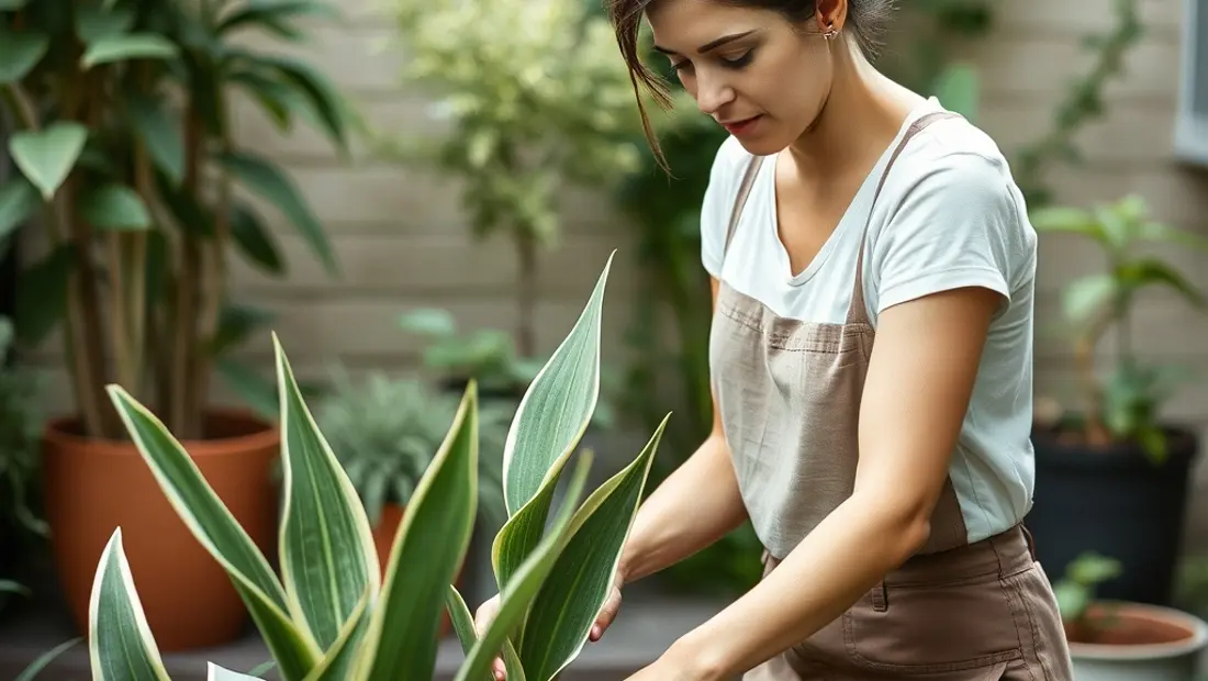 Persona cuidando una planta de interior en un jardín exterior