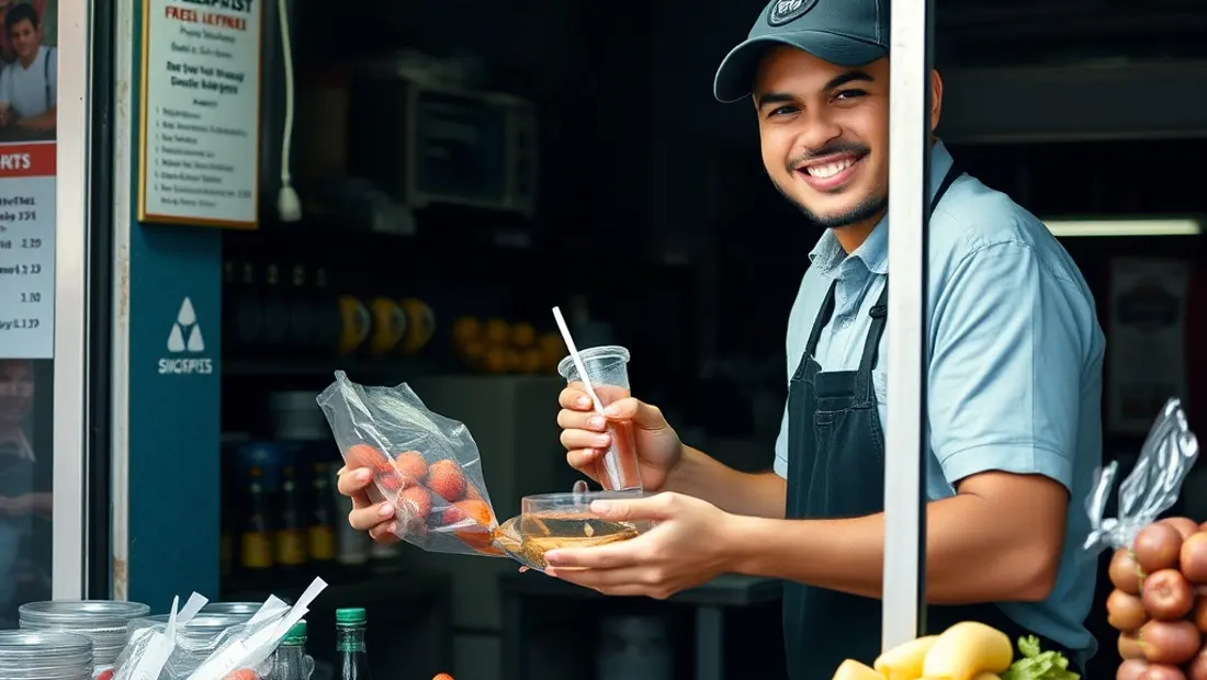 Un empleado preparando productos frescos con una sonrisa