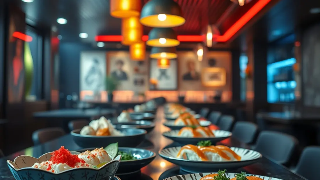 Bar de sushi con iluminación de colores