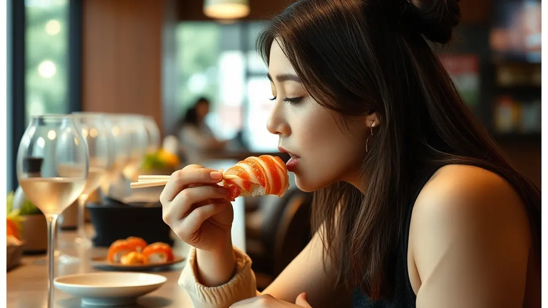 Persona comiendo sushi en un bar