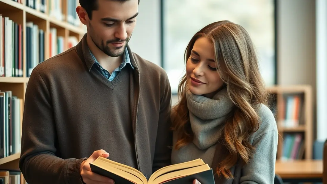 Un couple lit ensemble dans une bibliothèque