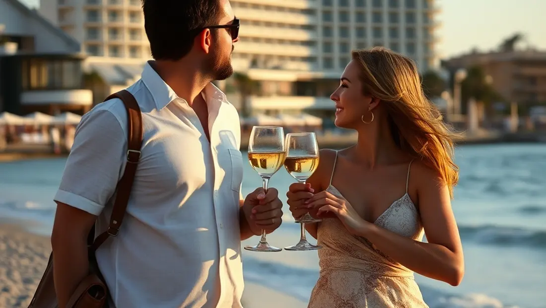 Couple sur la plage avec l'hôtel Mare Nostrum