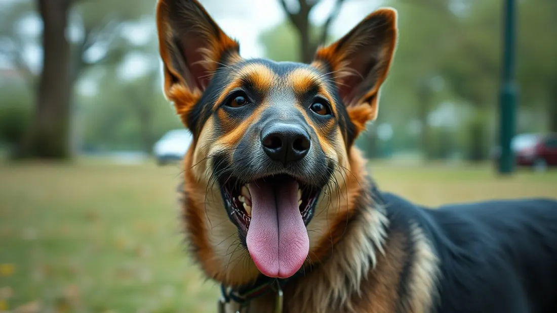 Perro sudando en un parque caluroso.