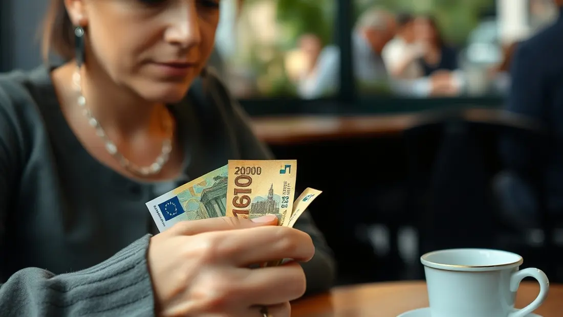 Una mujer maneja monedas de euros y pesetas en una mesa de café