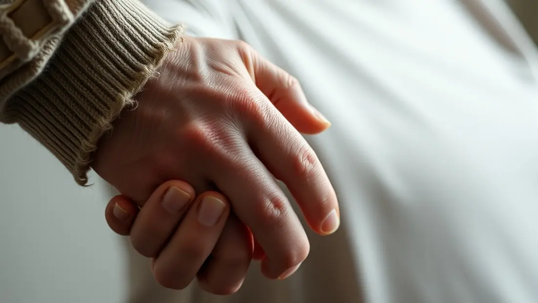 Una mano extendida hacia una persona mayor que sostiene un objeto