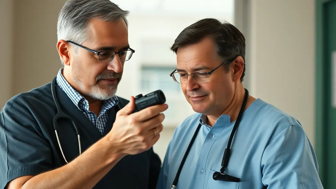 Un adulto enseñando a otro adulto cómo utilizar un equipo médico