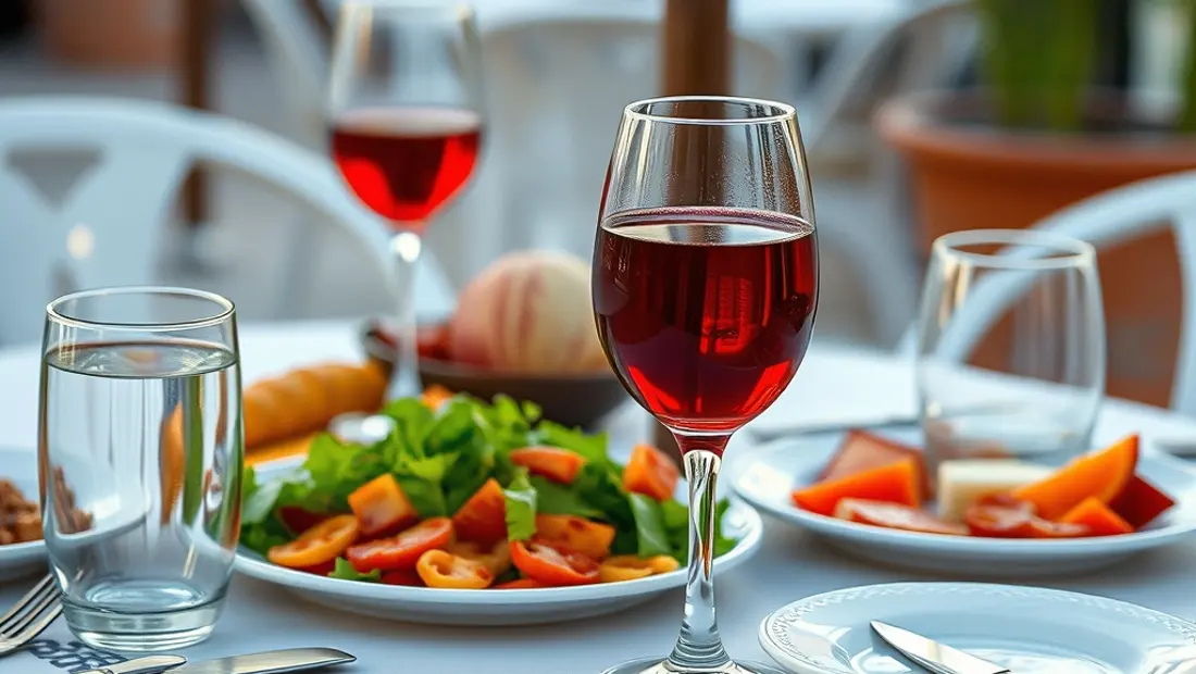 Detalle de mesa de terraza con platos y bebidas.