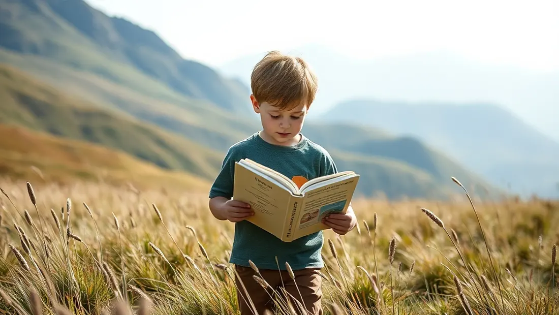 Un niño euskaldún en un campo de montaña, leyendo un libro.