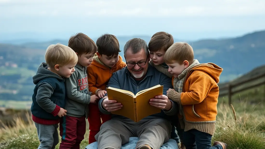 Un grupo de niños euskaldúns rodeando a un adulto que les lee un trabalenguas.