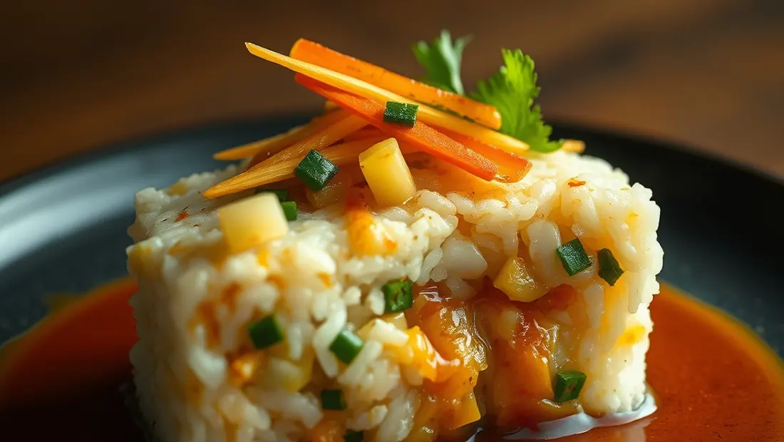 Rice cake con verduras y salsa