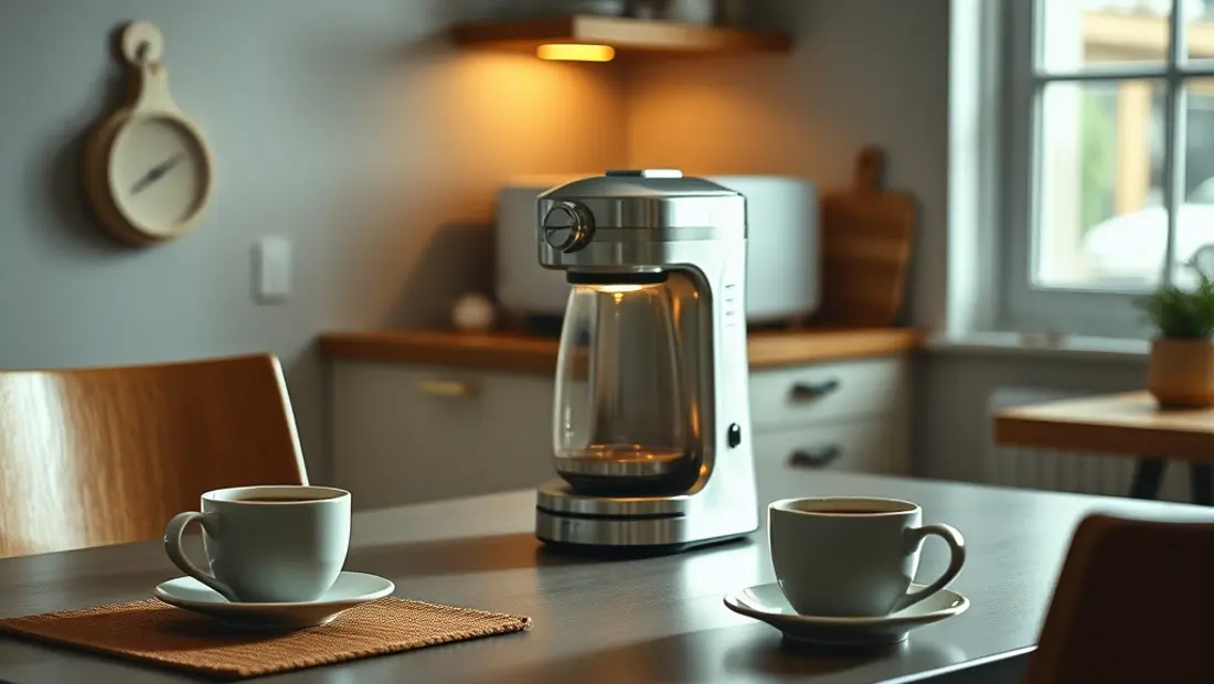 Molinillo eléctrico en una cocina con café y tazas