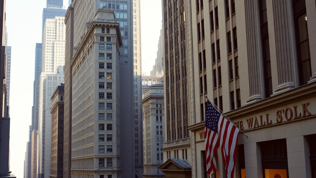 Vista aérea de Wall Street con edificios y personas aceleradas