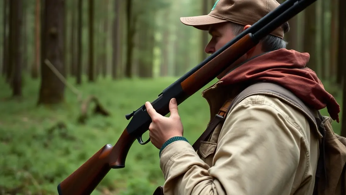 Un chasseur avec un fusil dans la forêt.