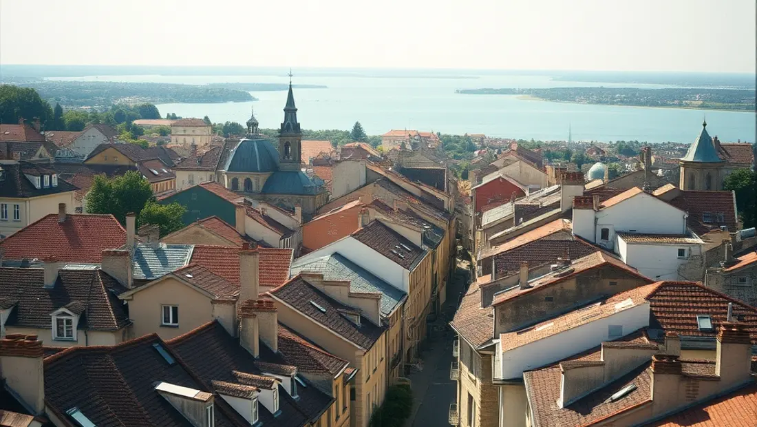 Vista de una ciudad antigua con un lago al fondo