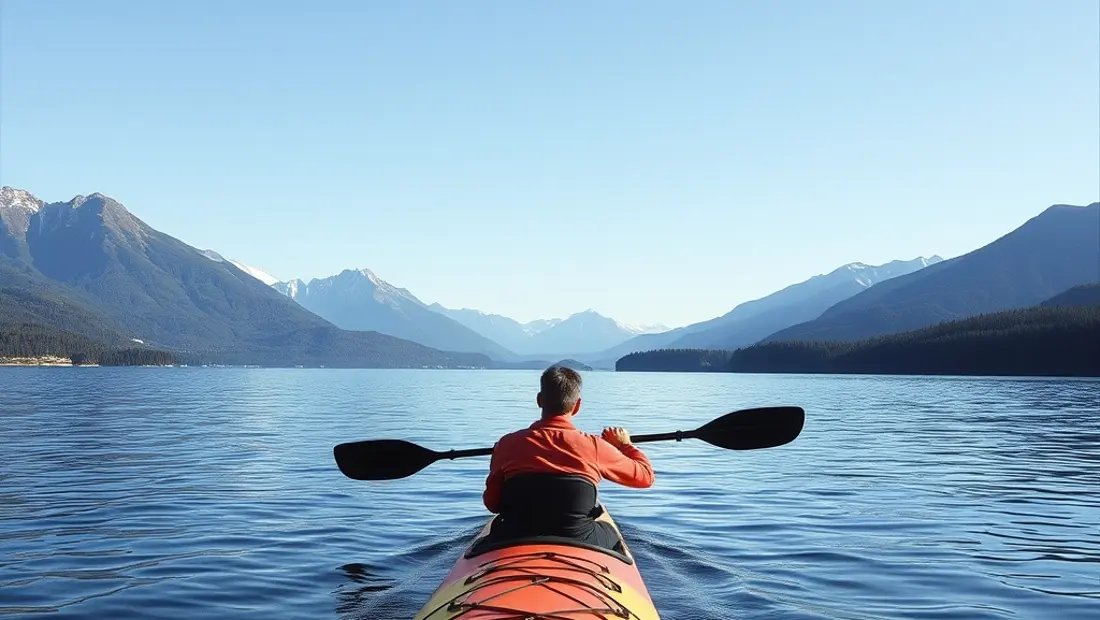 Persona en kayak en un lago tranquilo con montañas